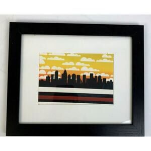 City Skyline Art Print Framed Matted Black Gold Modern Building Contemporary